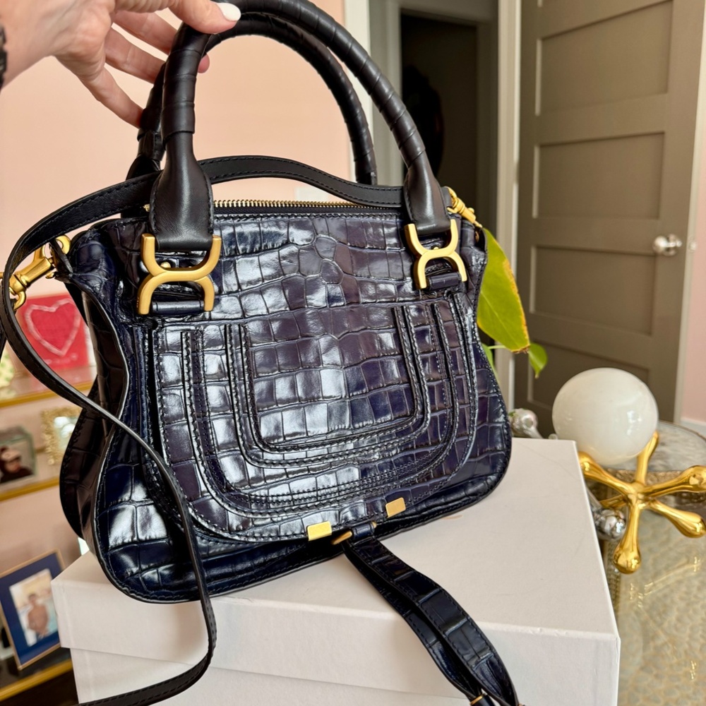 Chloé Navy Embossed Crocodile Leather Top Handle Bag w/Shoulder strap